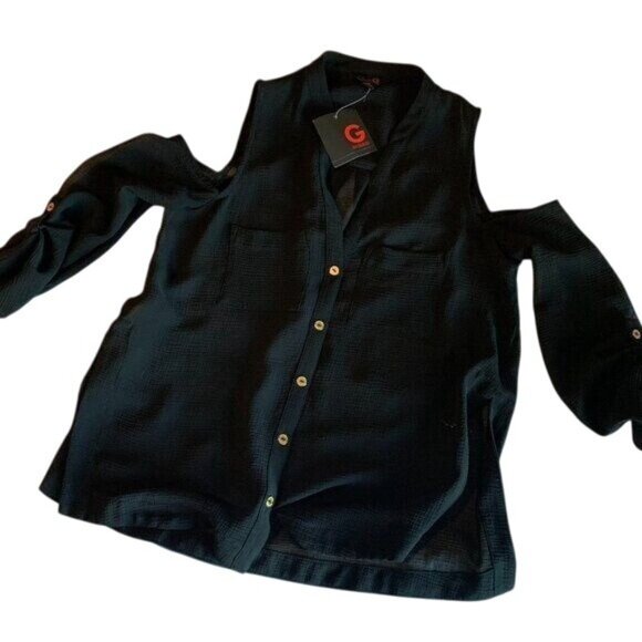 Guess G Womens Cold Shoulder Black Blouse With Gold Buttons XS New - Picture 2 of 9